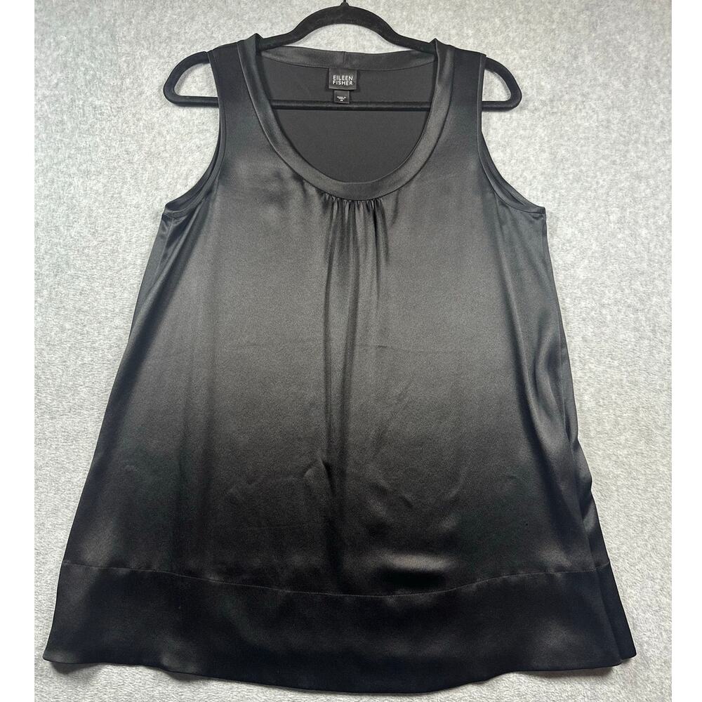 Eileen Fisher Silk Blouse Top Women's Medium Black Pleated Scoop Neck Sleeveless